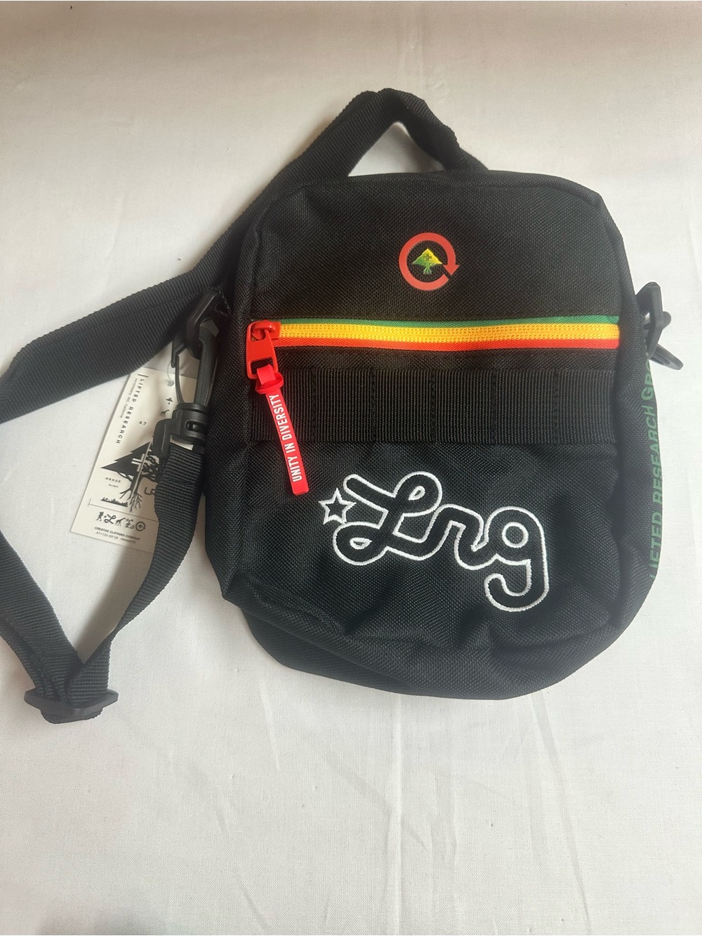 LRG Black Crossbody Bag with Red-Yellow-Green Zip Accent